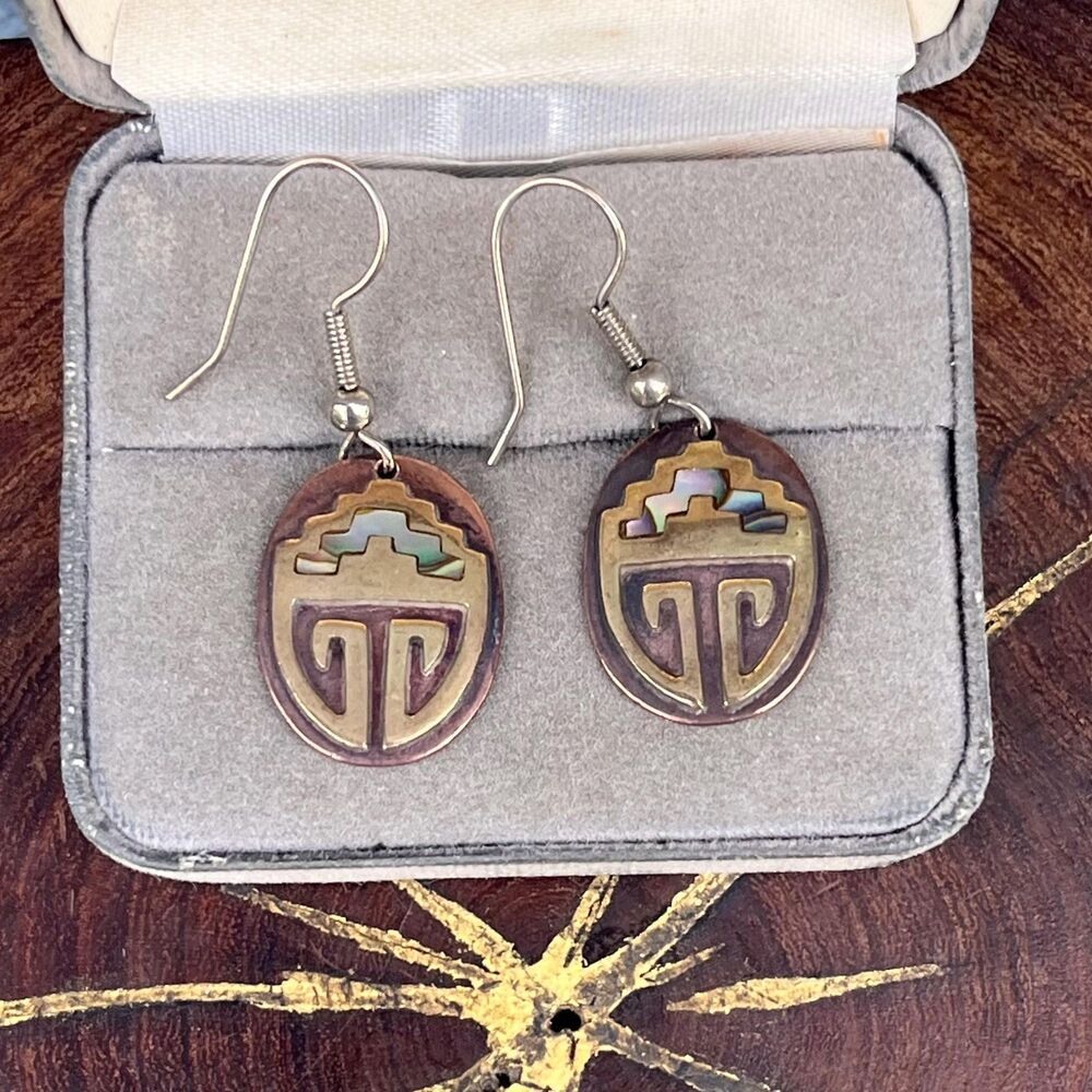 Vintage Brass Copper Earrings Mexican Abalone Bohemian mixed metal